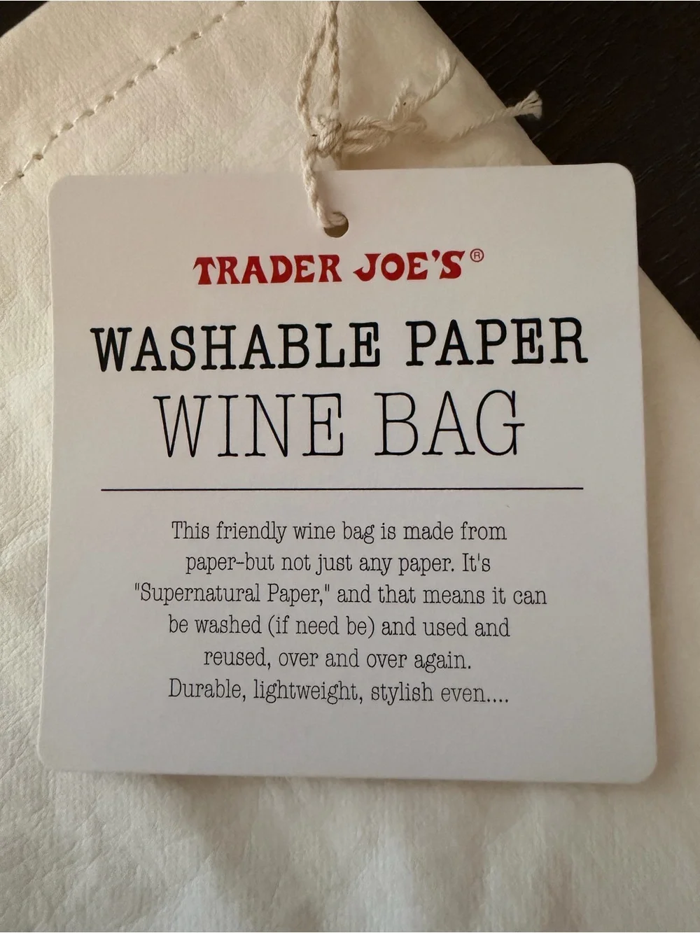 Trader Joe’s Washable Paper Wine Bag NWT Discontinued Reusable Tote